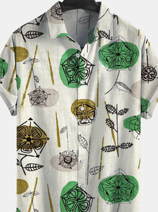 Cotton and linen botanical floral print lapel comfortable linen shirt
