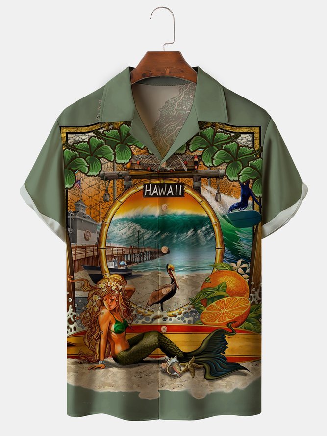 Men's Mermaid Print Casual Fabric Fashion Lapel Short Sleeve Shirts