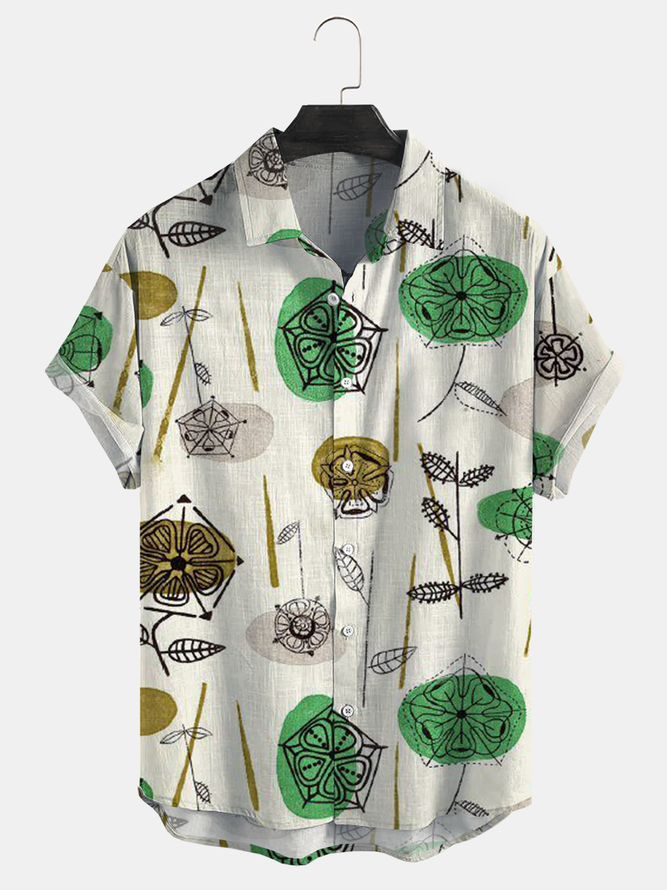 Cotton and linen botanical floral print lapel comfortable linen shirt
