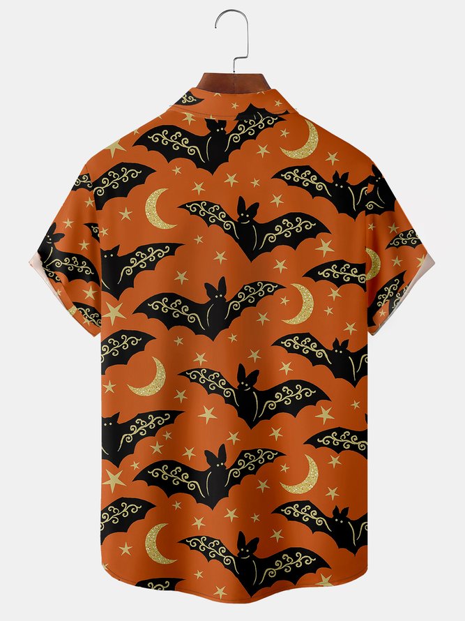 Vintage Festive Collection Halloween Bat Element Pattern Lapel Short Sleeve Chest Pocket Shirt Print Top