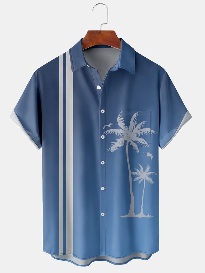Mens Coconut Tree Print Front Buttons Soft Breathable Chest Pocket Casual Aloha Shirts