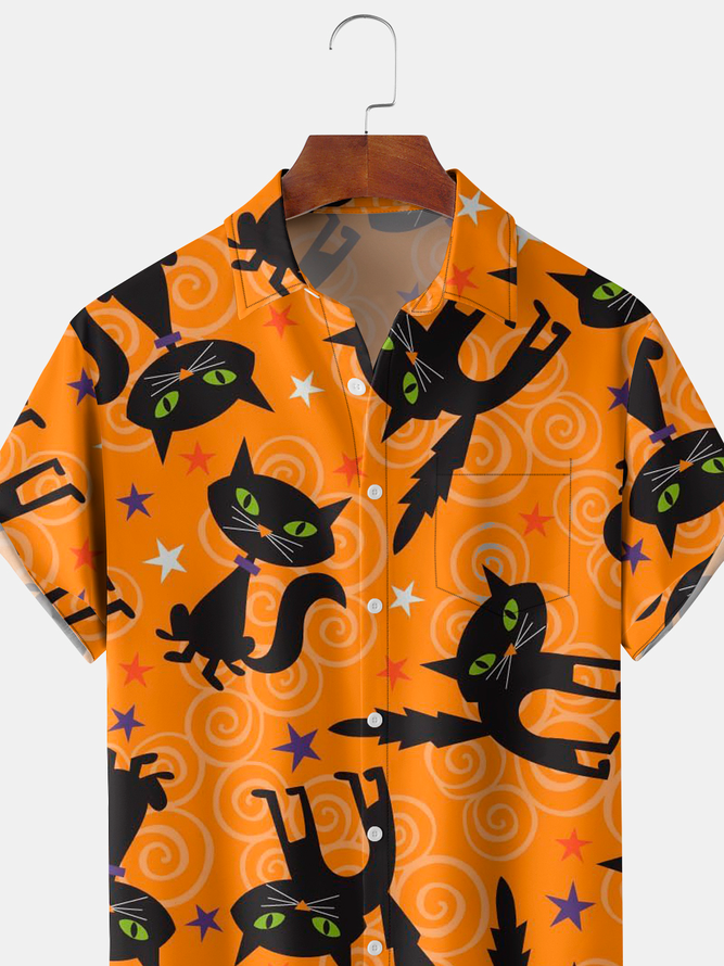 Mens Funky Halloween Cats Print Front Buttons Soft Breathable Chest Pocket Casual Aloha Shirts