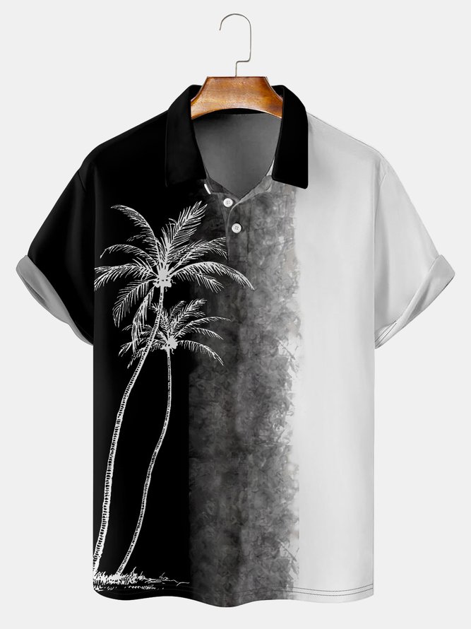 Resort Style Hawaii Series Gradient Color Plant Coconut Tree Element Pattern Lapel Short-Sleeved Polo Print Top