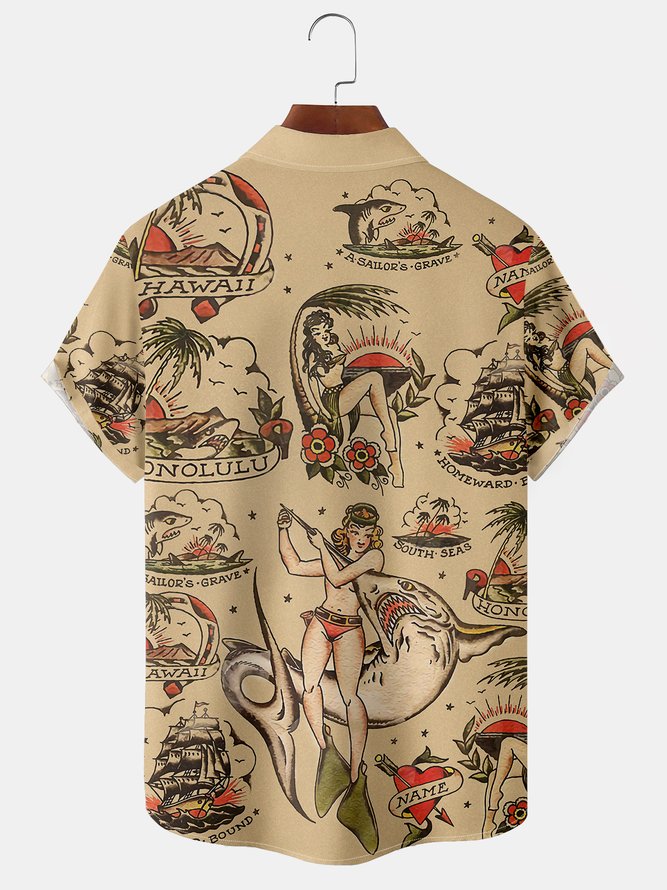 Resort Style Hawaiian Series Mermaid Shark Coconut Tree Element Pattern Lapel Short-Sleeved Chest Pocket Shirt Printed Top