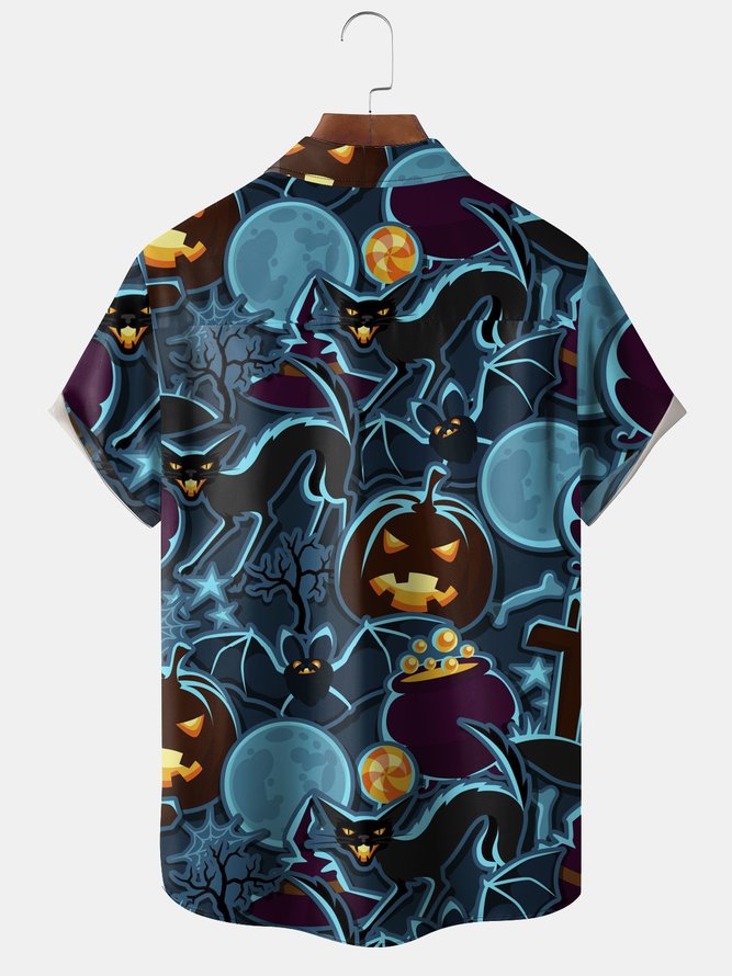 Men's Halloween Pumpkin Cat Element Graphic Print Short Sleeve Shirt