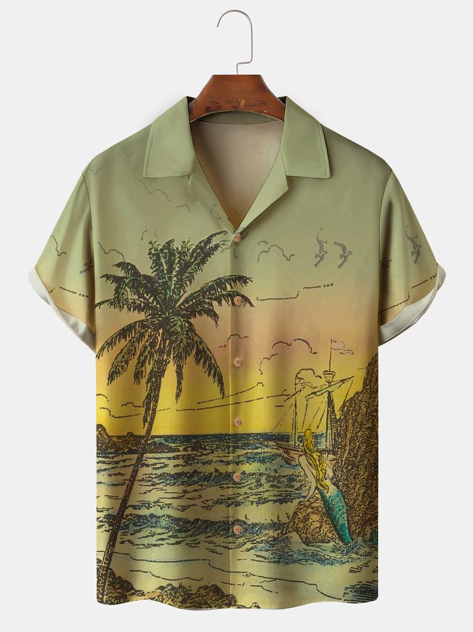 Men's Ocean Mermaid Print Anti-Wrinkle Moisture Wicking Fabric Fashion Hawaiian Lapel Short Sleeve Shirts