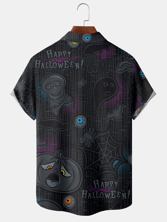 Men's Halloween Retro Pumpkin and Skull Flower Casual Breathable Short Sleeve Shirt