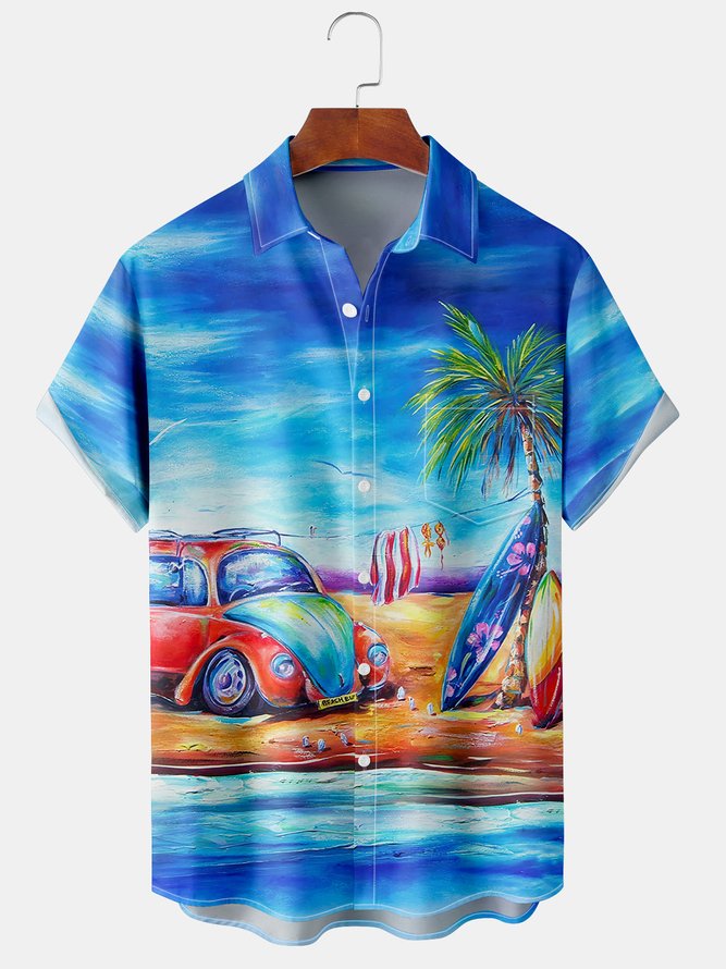 Holiday Style Hawaiian Series Gradient Plant Leaves Coconut Tree Car Element Pattern Lapel Short-Sleeved Printed Shirt Top