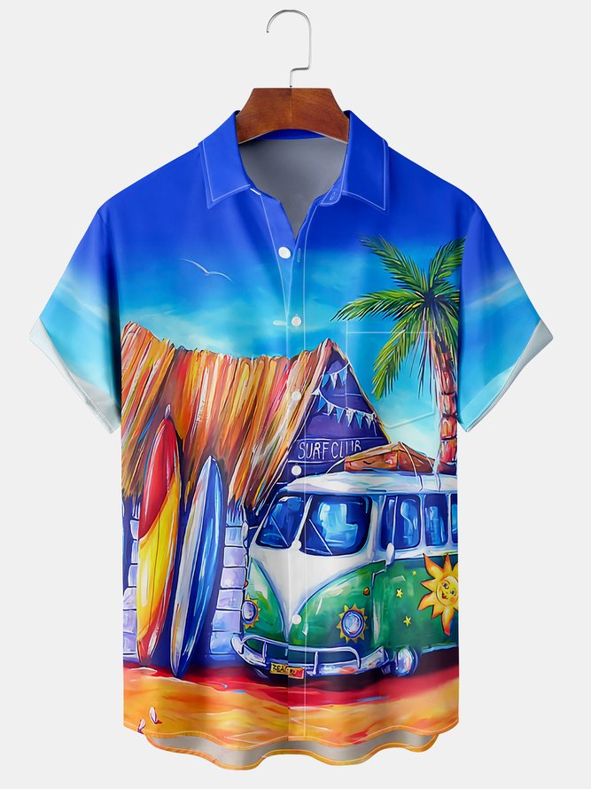 Holiday Style Hawaiian Series Gradient Plant Leaves Coconut Tree Car Element Pattern Lapel Short-Sleeved Printed Shirt Top