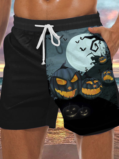 Men's Halloween Pumpkin Element Graphic Print Casual Vacation Beach Shorts