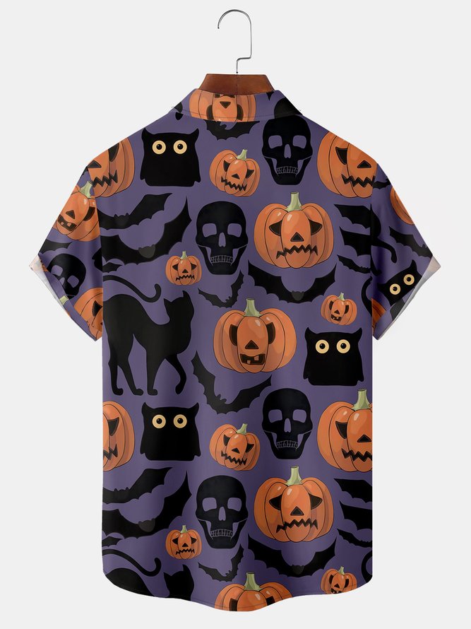 Men's Halloween Pumpkin & Skull & Cat Print Casual Breathable Short Sleeve Shirt