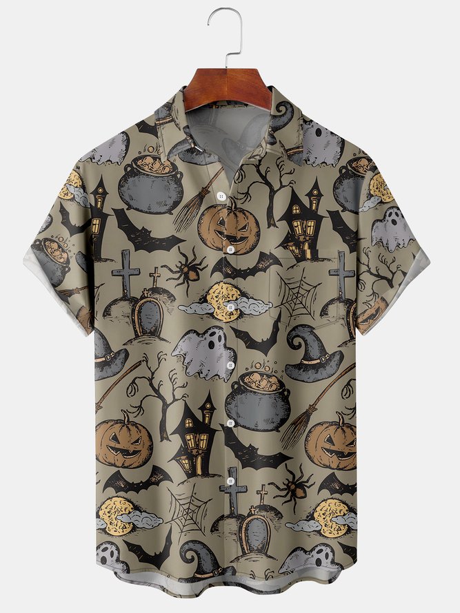 Casual Style Festival Series Halloween Retro Ghost Pumpkin Spider Element Pattern Lapel Short-Sleeved Shirt Print Top