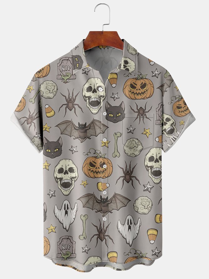Casual Style Holiday Series Retro Halloween Skull Bat Pumpkin Element Pattern Lapel Short-Sleeved Shirt Print Top