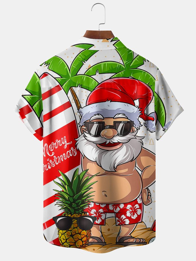Mens Christmas Santa Surfing Print Front Buttons Soft Breathable Chest Pocket Casual Hawaiian Shirt