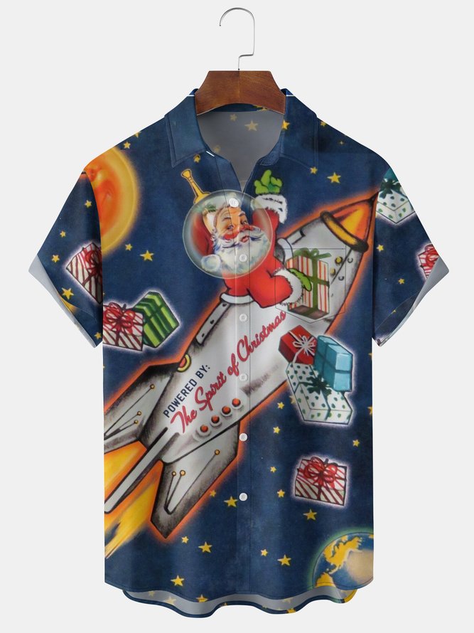 Mens Christmas Santa On the Rocket Print Front Buttons Soft Breathable Chest Pocket Casual Hawaiian Shirts