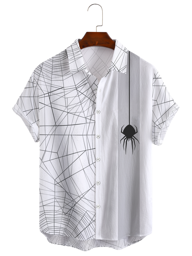 Cotton Linen Style Halloween Spider Web Print Men's Cotton Linen Short Sleeve Shirt