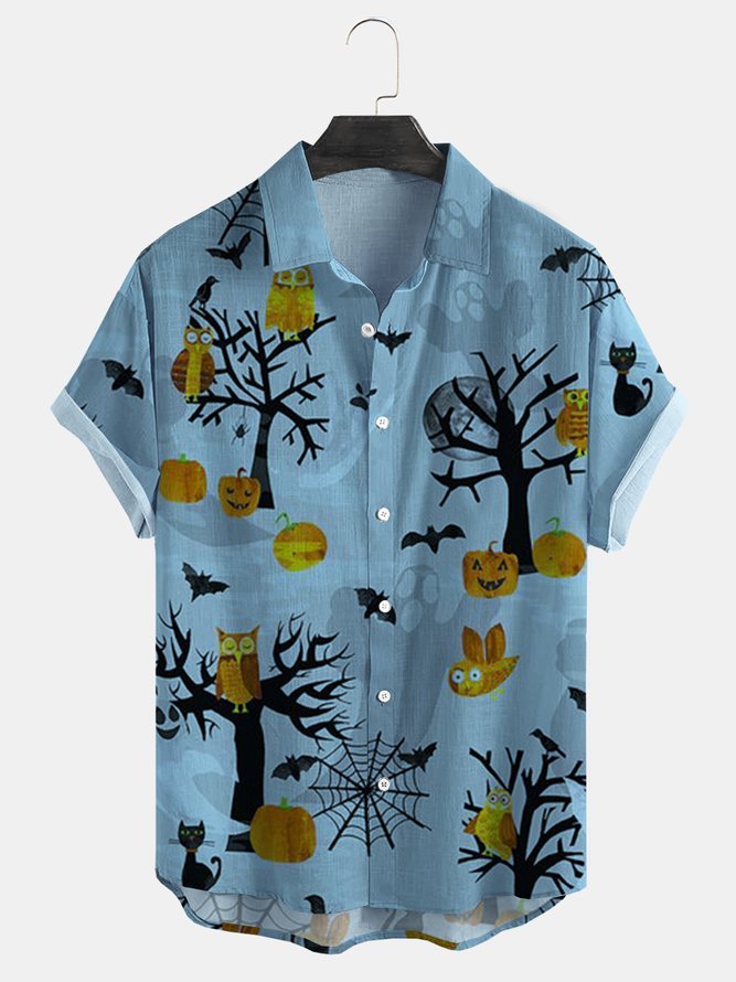 Cotton Linen Halloween Print Casual Short Sleeve Shirt