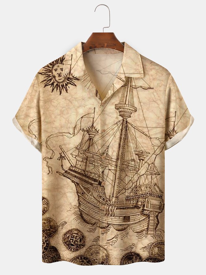 Mens Map Sailing boats Print Camp Collar Loose Short Sleeve Funky Hawaiian Shirt