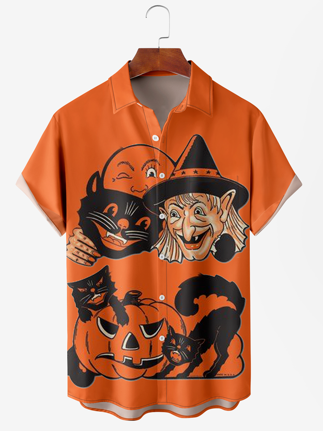 Men's Halloween Witch Pumpkin Print Moisture Wicking Fabric Fashion Lapel Short Sleeve Shirt