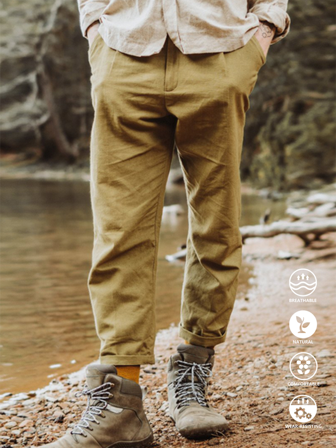 Men Casual Plain Summer Micro-Elasticity Regular Fit Cotton Long H-Line Regular Size Casual Pants