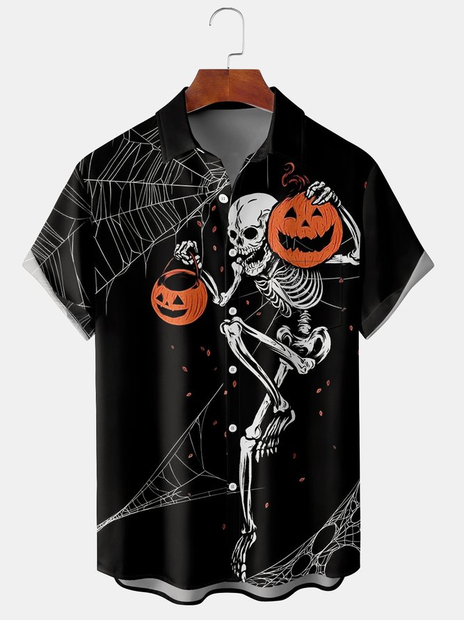 Mens Halloween Skull Print Front Buttons Soft Breathable Chest Pocket Casual Hawaiian Shirt