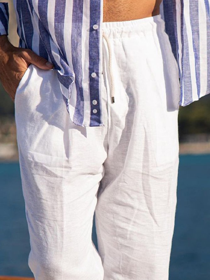 Men Casual Plain Summer No Elasticity Loose Cotton H-Line Regular Regular Size Casual Pants