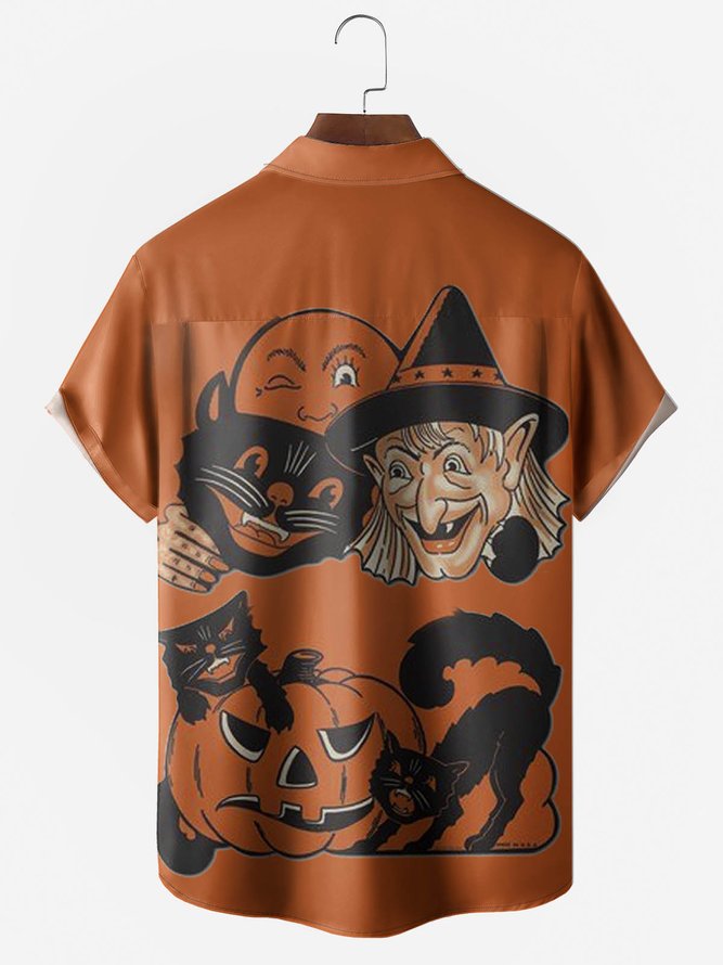 Men's Halloween Witch Pumpkin Print Moisture Wicking Fabric Fashion Lapel Short Sleeve Shirt