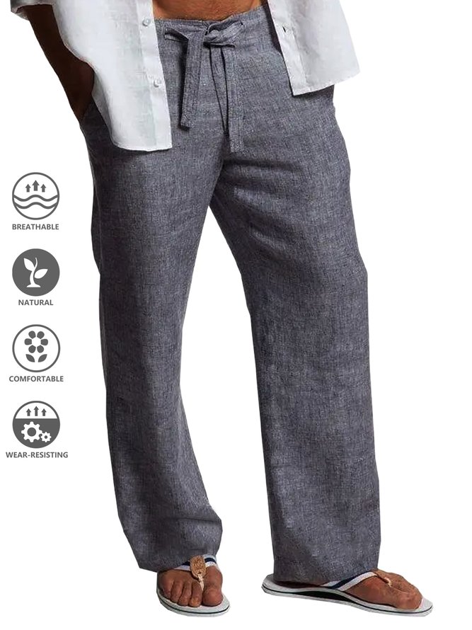 Men Plain Summer Linen Household Loose Straight pants Cotton H-Line Regular Casual Pants