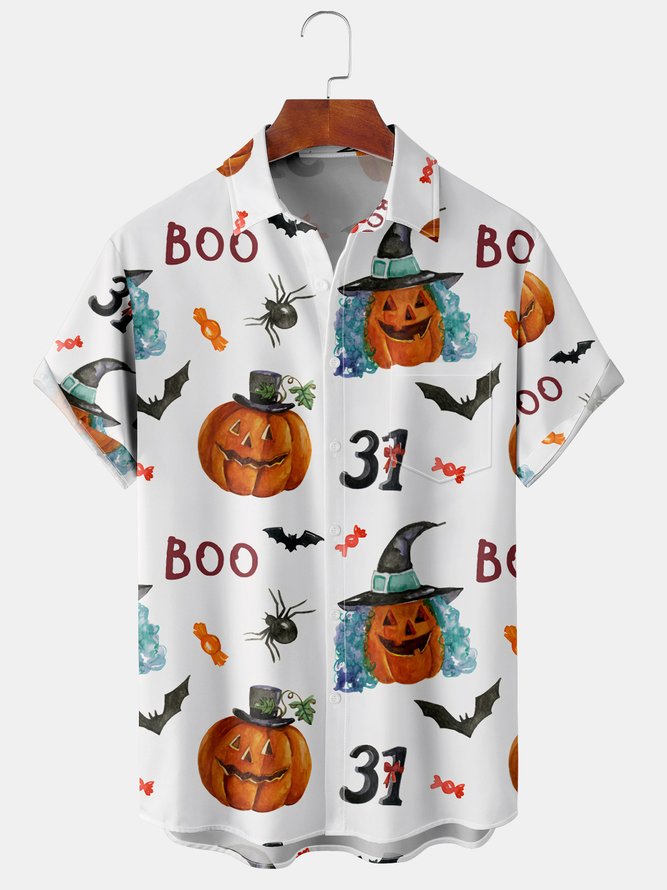 Men's New Halloween Pumpkin Print Casual Breathable Hawaiian Short Sleeve Shirt