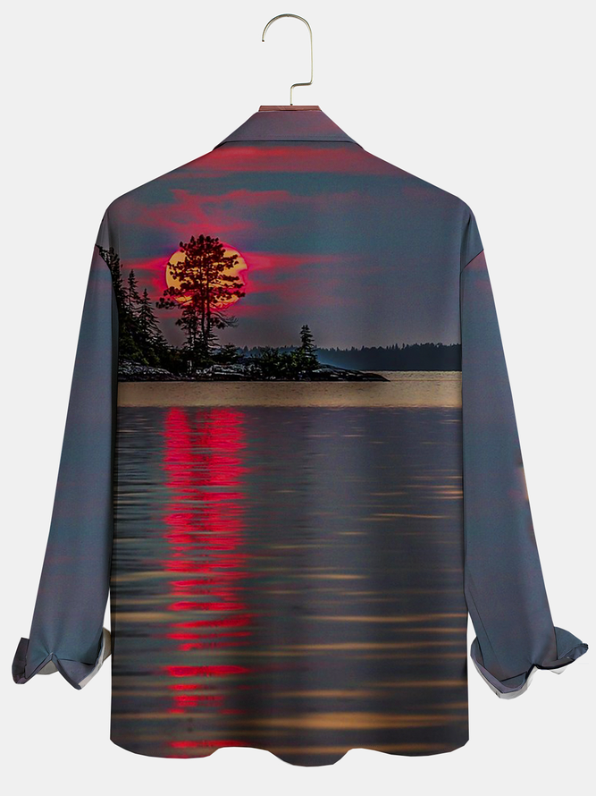 Holiday Style Hawaiian Series Botanical Gradient Color Landscape Element Pattern Lapel Long-Sleeved Printed Shirt Top