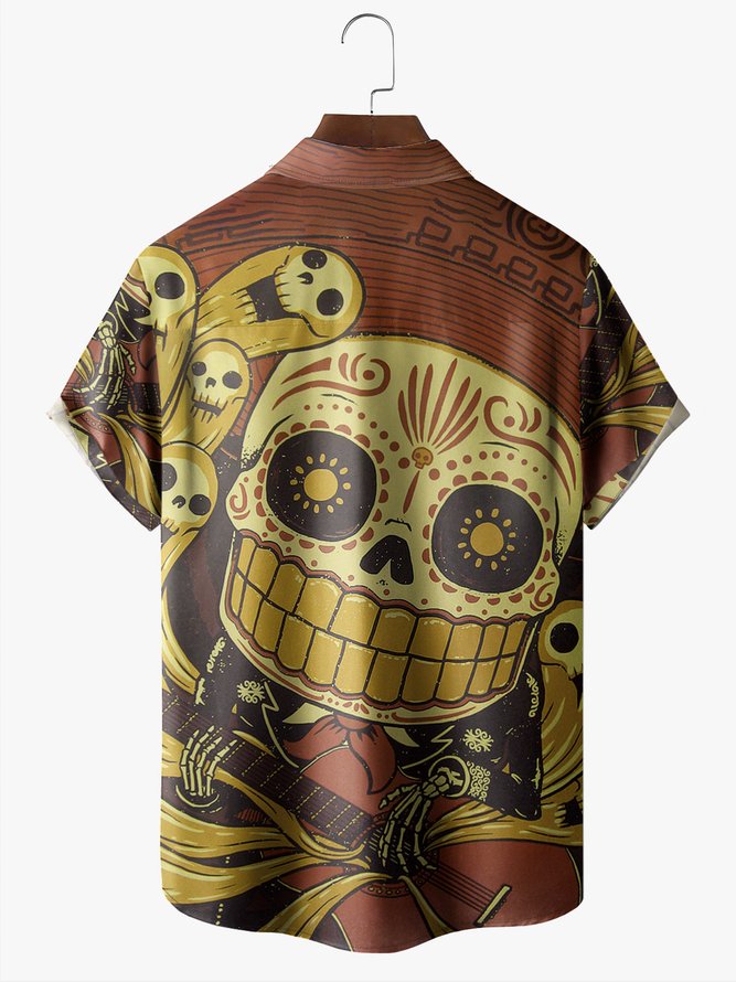 Men's Halloween Skull Print Anti-Wrinkle Moisture Wicking Fabric Fashion Hawaiian Lapel Short Sleeve Shirt