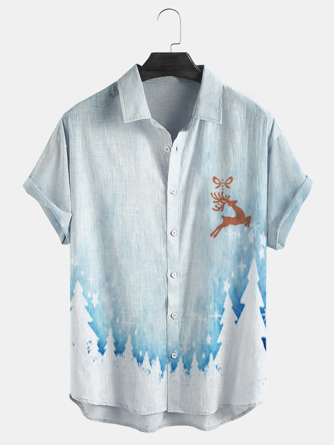 Printed cotton and linen style Christmas comfortable linen shirts with short sleeves