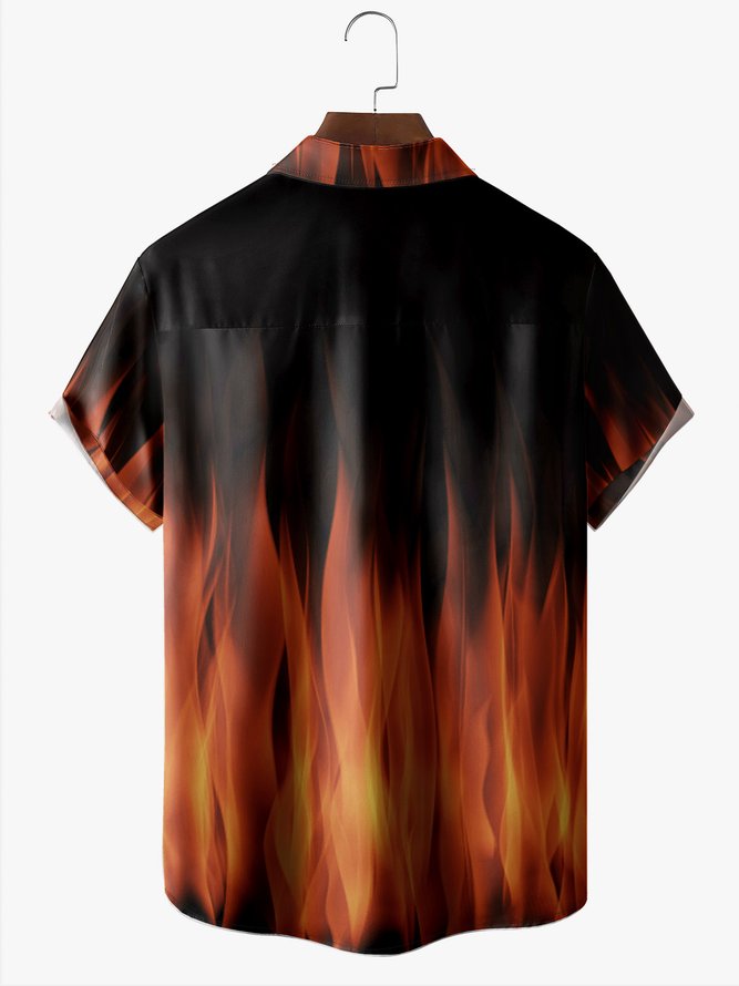 Men's Halloween Fire Print Anti-Wrinkle Moisture Wicking Fabric Fashion Hawaiian Lapel Short Sleeve Shirt