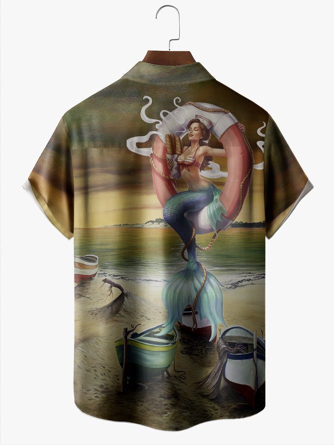 Men's Mermaid Print Anti-Wrinkle Moisture Wicking Fabric Fashion Hawaiian Lapel Short Sleeve Shirt