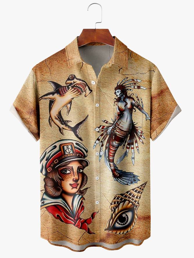 Men's Mermaid Print Anti-Wrinkle Moisture Wicking Fabric Fashion Hawaiian Lapel Short Sleeve Shirt