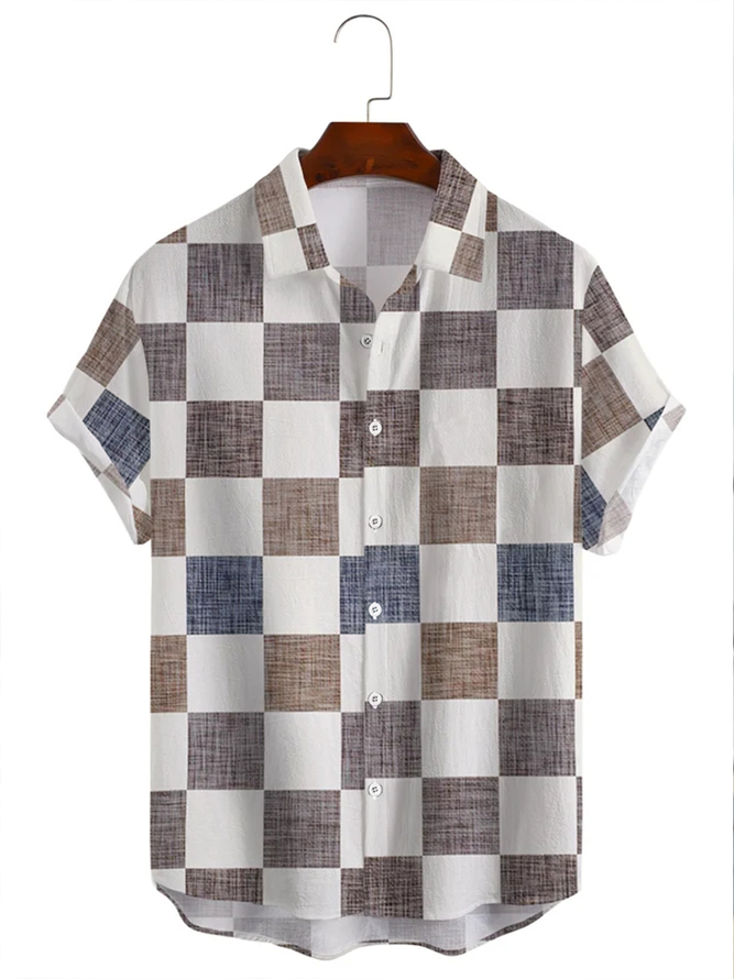 Cotton and linen printed plaid style geometry comfortable linen shirts with short sleeves