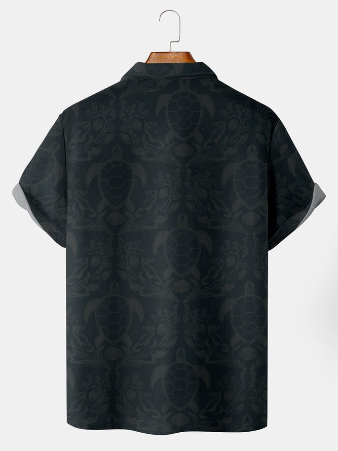Resort-Inspired Hawaiian Floral Gradient Turtle Element Lapels Short-Sleeved Polo Print Top