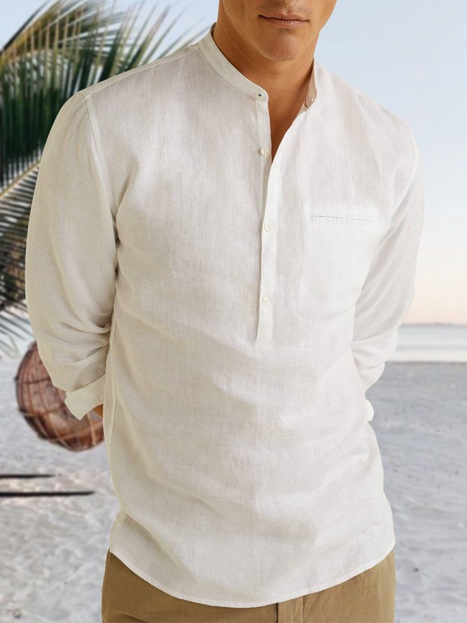 Men's Casual Cotton Linen Long Sleeve Pullover Shirt