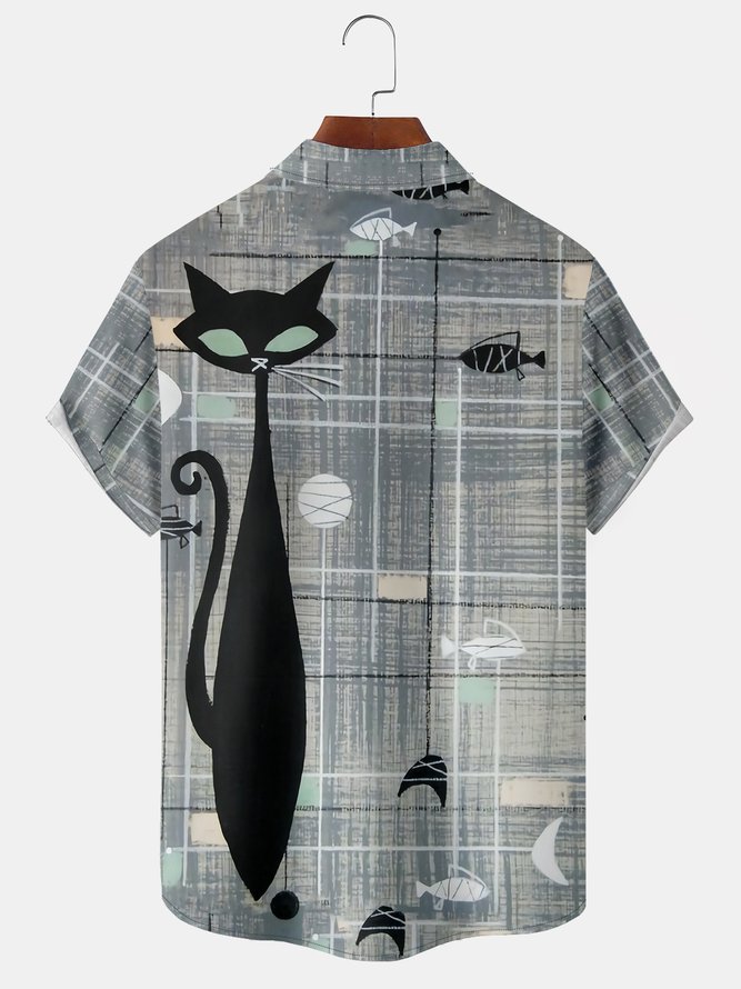 Men's Pocket Retro Geometric Cat Print Casual Breathable Short Sleeve Shirt