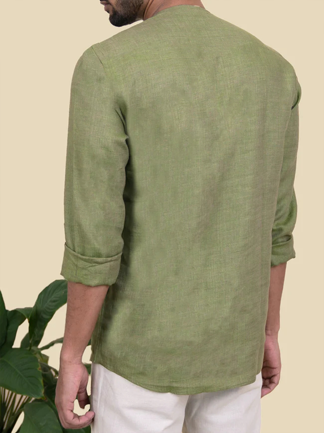 Cotton linen style American casual stand collar folded cotton linen Long Sleeve Shirt