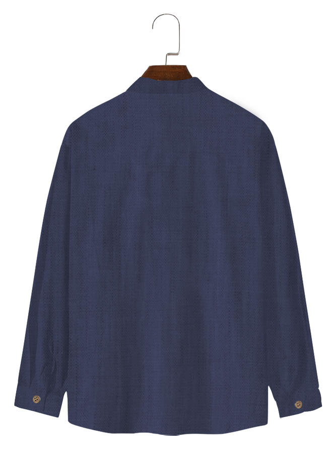 Cotton linen style American casual Lapel Multi Pocket cotton linen Long Sleeve Shirt