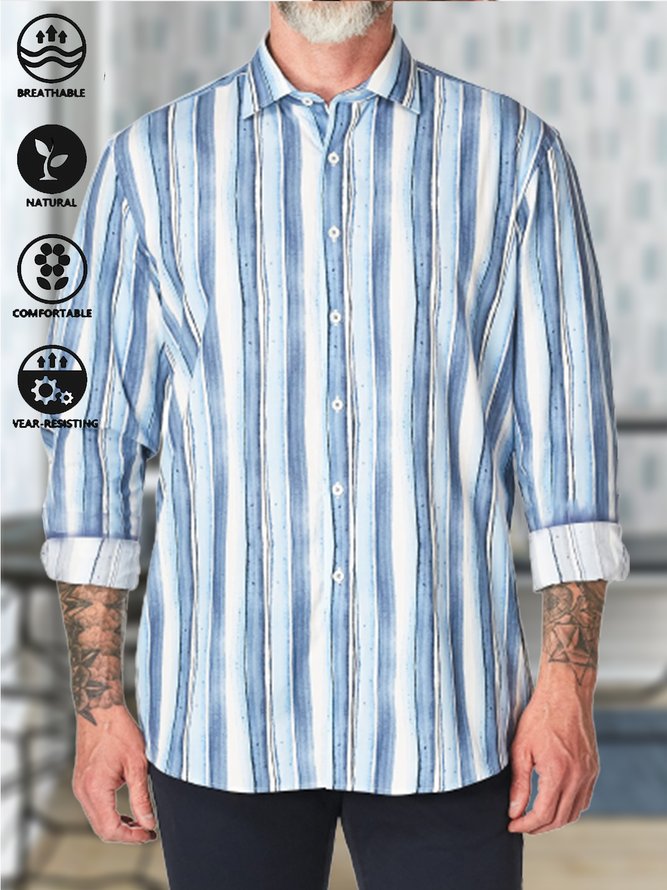 Cotton and linen American casual style stripes flax long sleeve Shirt