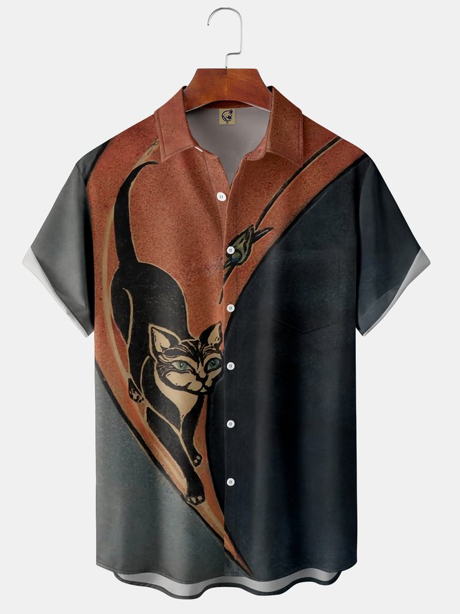 Men's Halloween Cat Print Fashion Hawaiian Lapel Short Sleeve Shirt