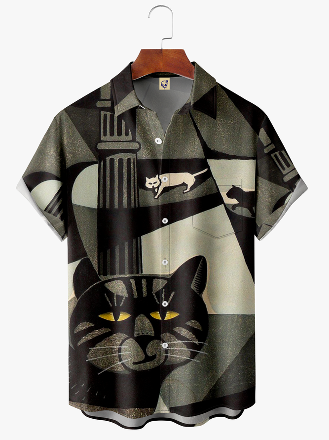 Men's Halloween Cat Print Fashion Hawaiian Lapel Short Sleeve Shirt