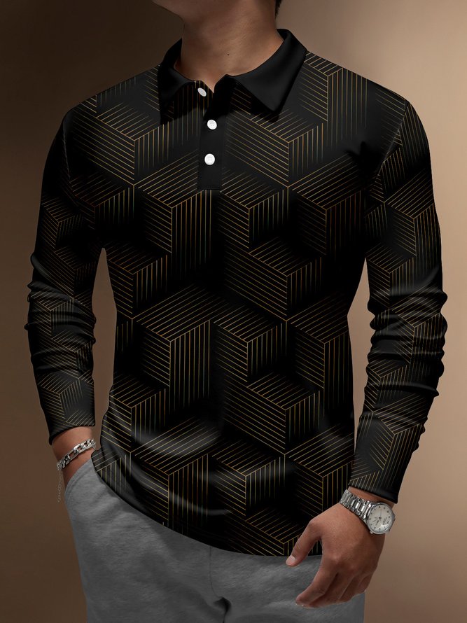 Casual Art Collection 3D Gradient Striped Geometric Block Pattern Lapel Button Long Sleeve Print Polo Shirt