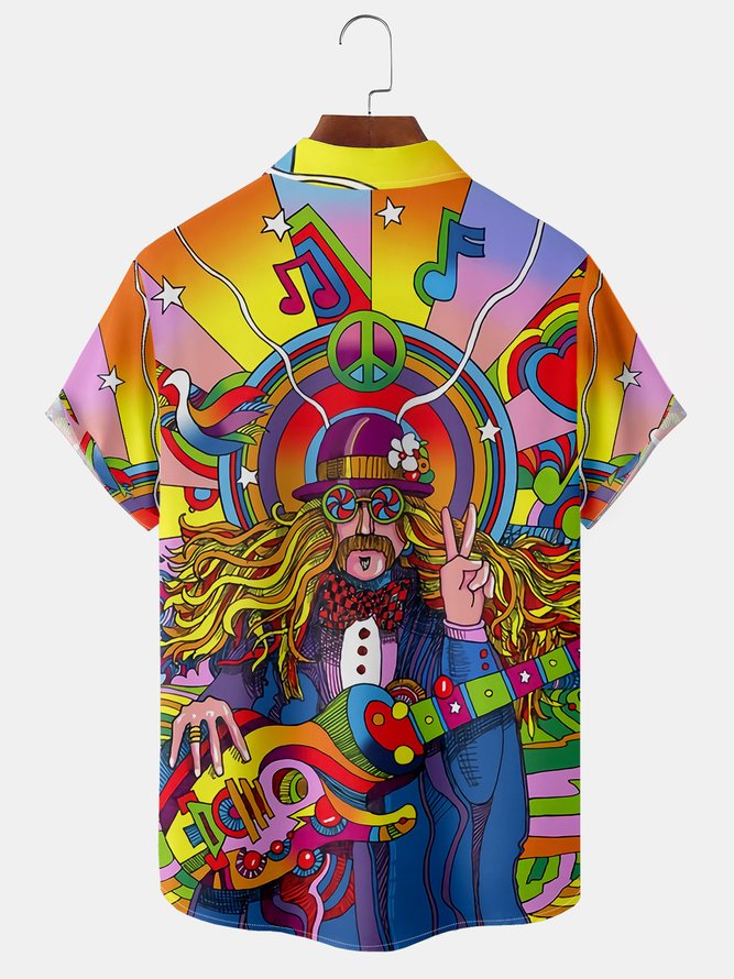 Hippie Print Chest Pocket Short Sleeve Shirt Resort Style Music Series Guitar Print Lapel Top