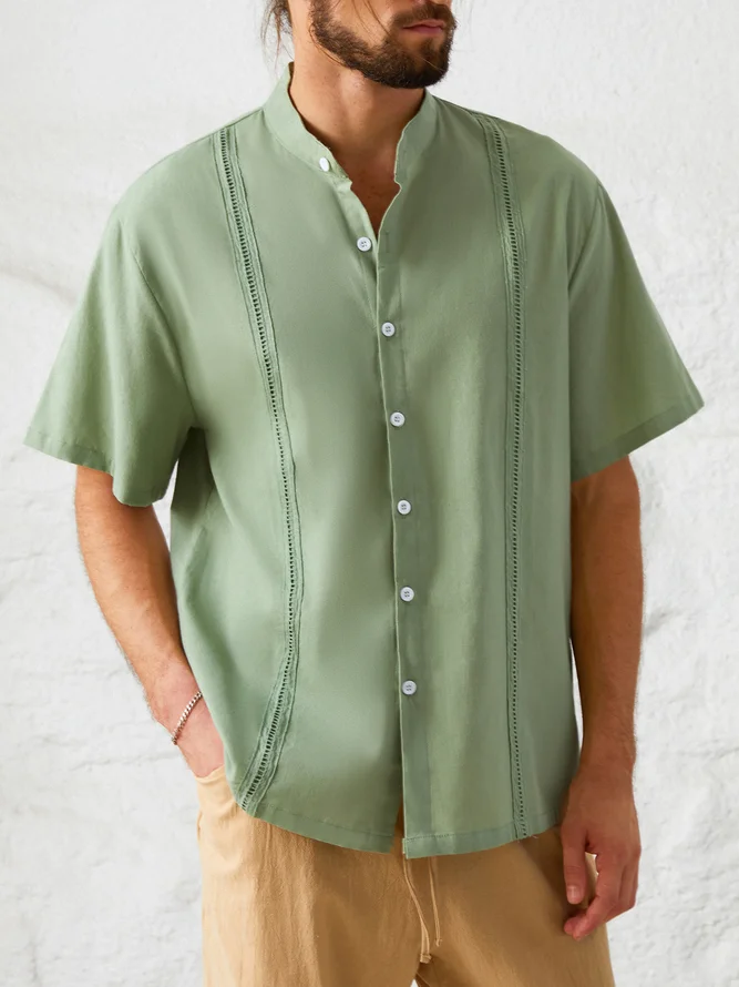Big Size Cotton Panel Web Casual Short Sleeve Stand Collar Shirt