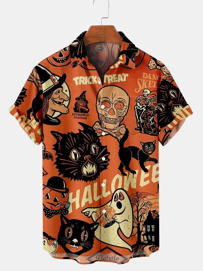 Big Size Black Cat Chest Pocket Short Sleeve Hawaiian Shirt