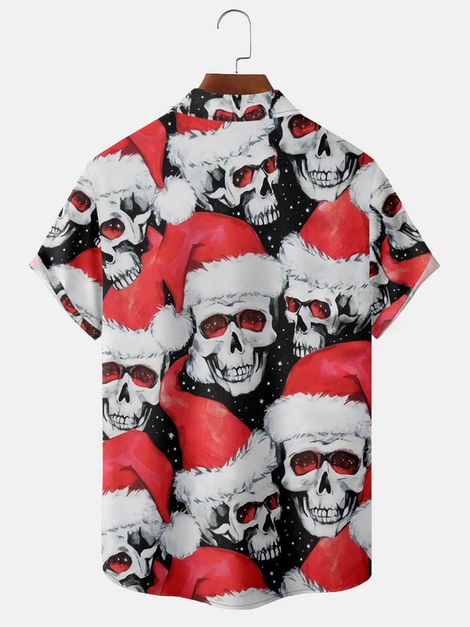 Christmas Skull Chest Pocket Short Sleeve Shirt
