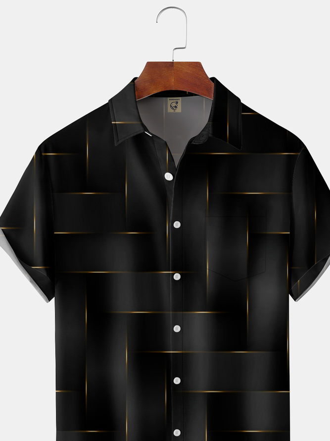Black Gold Geometric Pattern Chest Pocket Short Sleeve Casual Shirt